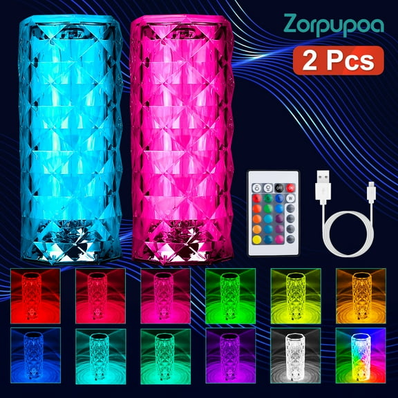 Zorpupoa 2 Pack Crystal Lamp Touch 16 RGB Colors Changing Night Light Rechargeable Crystal Table Lamp Bedside Lamp Cordless Rose Diamond Battery Night Light for Bedroom/Party/Dinner/Decoration