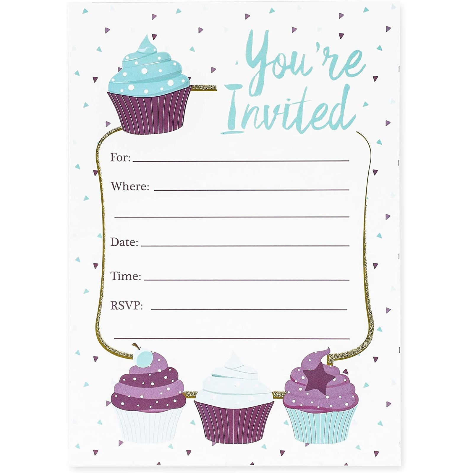 24 Pack Cupcake Invitations for Kids Girls Birthday Party, 5x7 inch Fill In RSVP Cards with White Envelopes