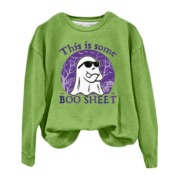 Pimfylm This is Some Boo Sheet Sweatshirt Halloween Sweater Women Halloween Ghost Graphic Tees Spooky Season Pullover Tops Green, XXL