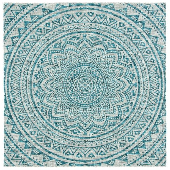 SAFAVIEH Courtyard Josiah Floral Medallion Indoor/Outdoor Area Rug, Light Grey/Teal, 9' x 9' Square