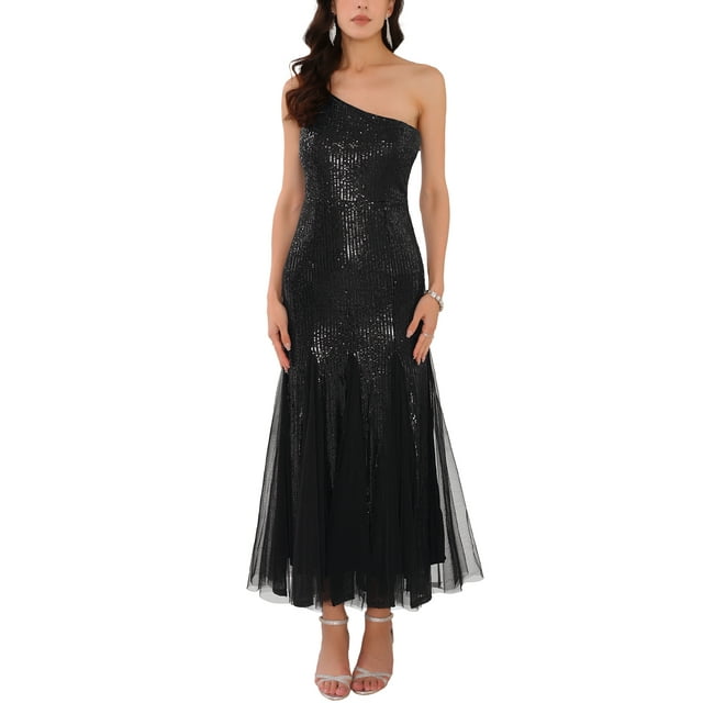 INSPIRE CHIC Vestido de cóctel de lentejuelas para mujer, maxi de un solo hombro, vestido de sirena para prom, noche y boda, 2XL negro
