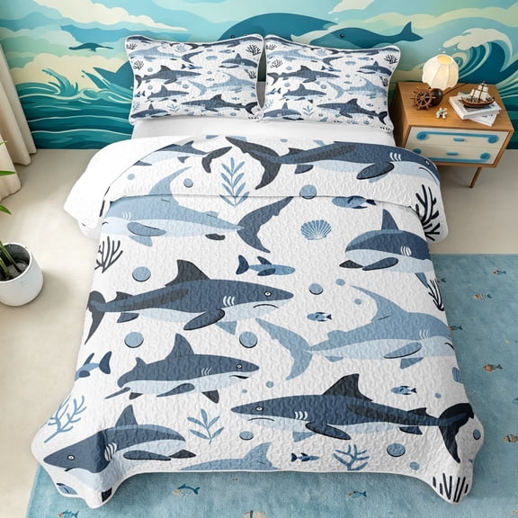 Manfei Ocean Shark Twin Quilt Set, Kawaii Sealife Lover Twin Coverlet Set, Navy Blue, 2-Piece, 1 Bedspread and 1 Pillowcase