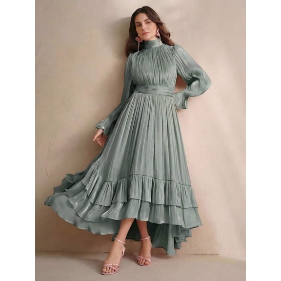 High-Neck Long Sleeve Pleated Ruffle Hem Maxi Dress In Mist Green