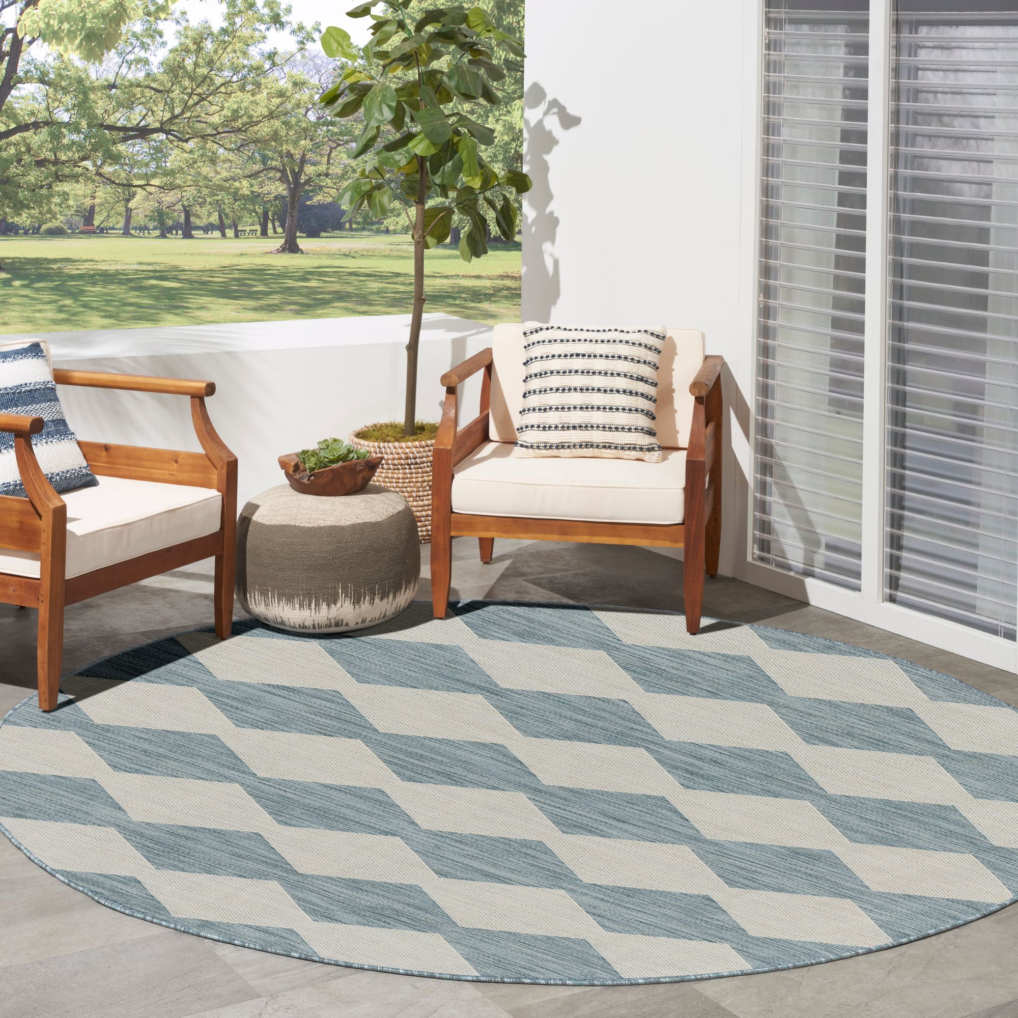 Nourison Positano 8' x Round Aqua Diamond Modern Flatweave Indoor/Outdoor Rug