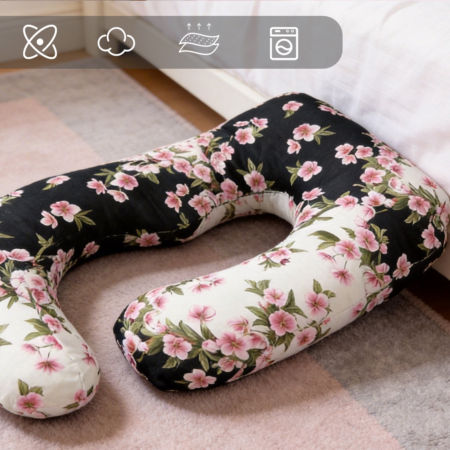Extra Large J-Shaped Pregnancy Pillow, Black Floral - Ultimate Body Support for Side Sleepers & Maternity Relief