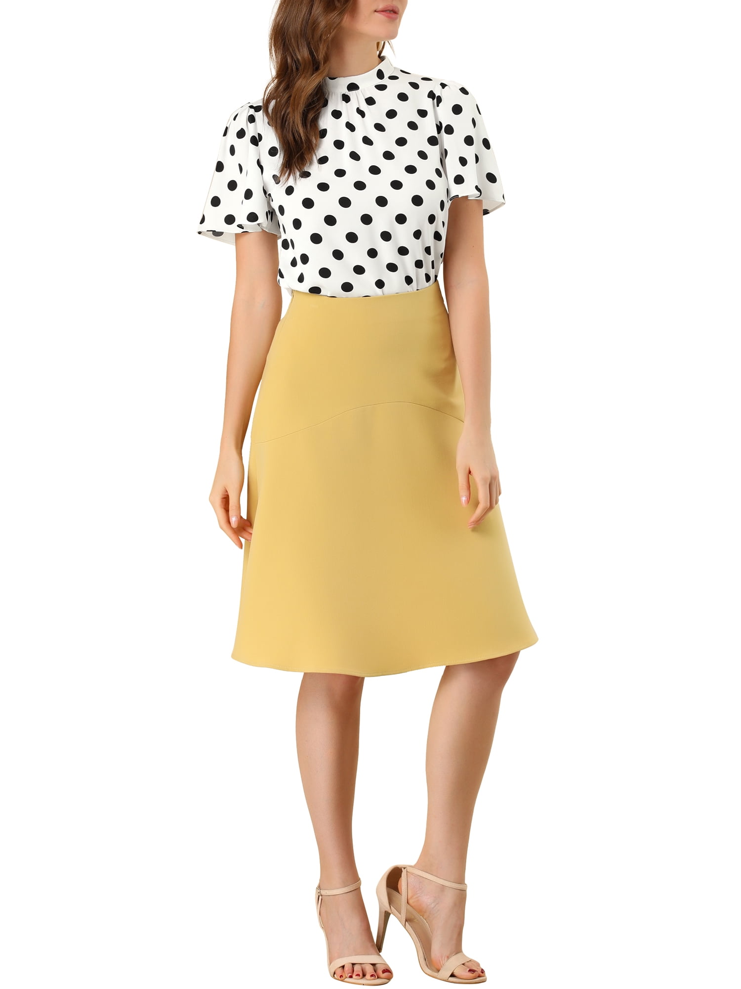DARING DIVA Polka Dots Stand Collar Short Flare Sleeve Top XS White Black