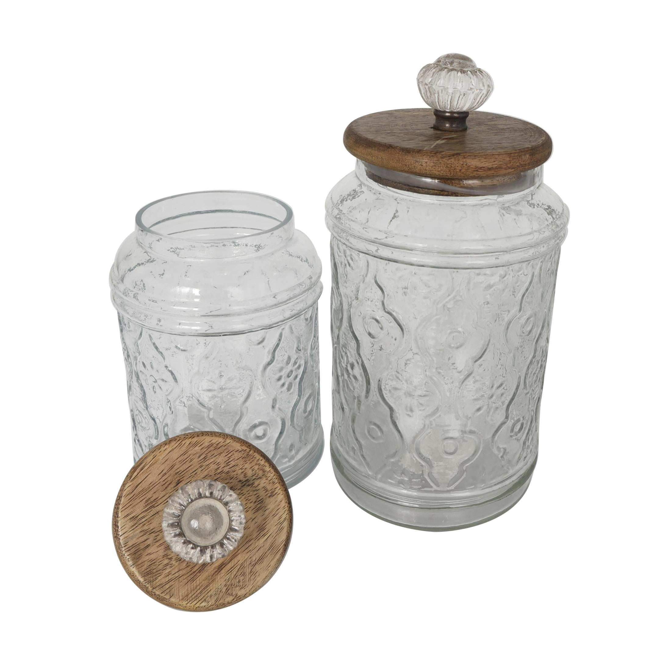 DecMode 9", 8"H Clear Glass Floral Decorative Jars with Brown Wooden Lids and Antique Style Knobs, 2-Pieces