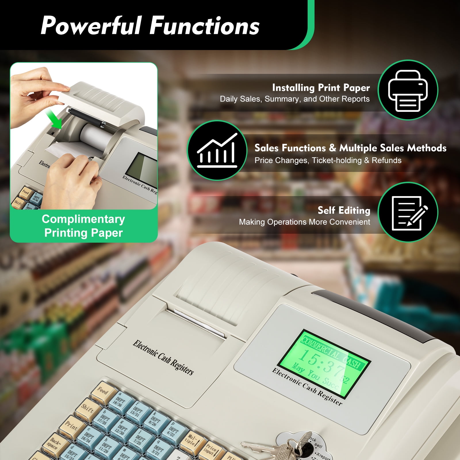 48 Keys Electronic 8 Digital Cash Register, POS System with Cash Tray LED Display for Small Business Retail Restaurant
