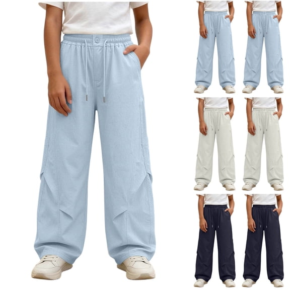 Loopsun Kids Girls Pants 5 to 16 Years Solid Drawstring Wide Leg Cargo Trousers