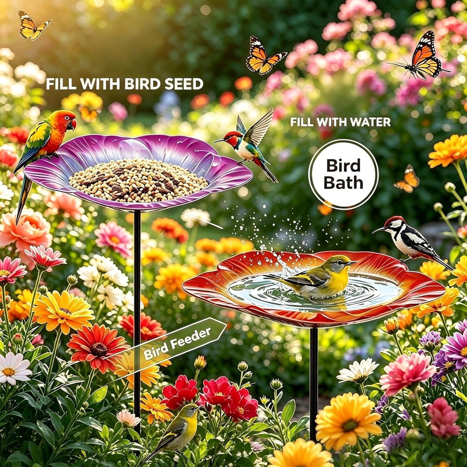 Bird Bath for Outside 24" High Metal Flower Bird Baths Bird Feeders with Stake Decorative Birdbath Bowl Freestanding Birdbaths Tray for Outdoors Garden Yard Patio Lawn Decor