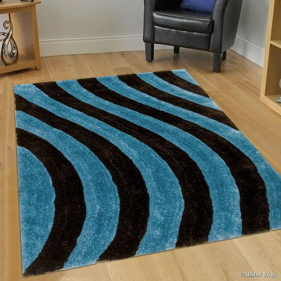 Allstar Sky Blue Shaggy Area Rug with 3D Brown Lines Design. Contemporary Formal Casual Hand Tufted (5' x 7')