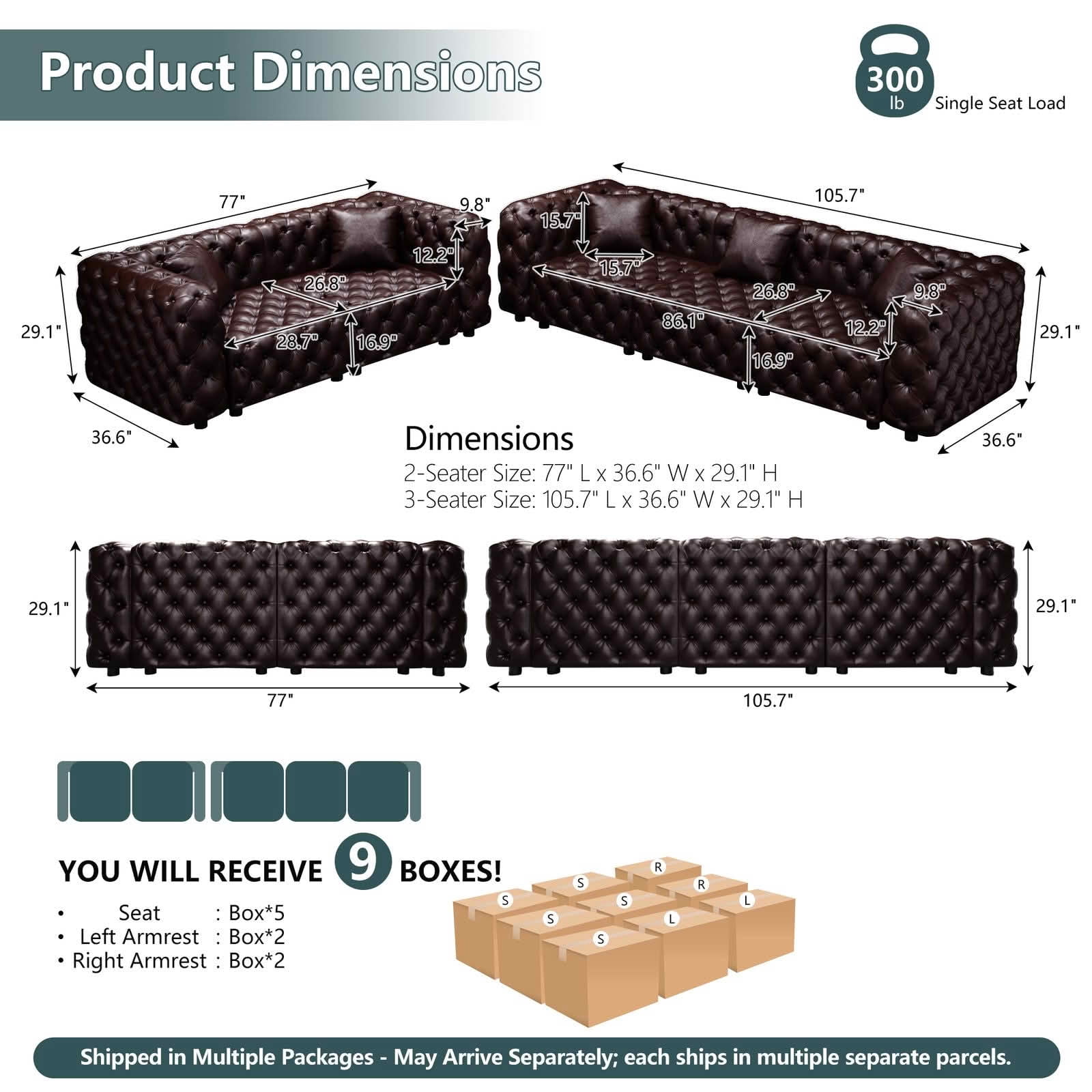 MAYEERTY 5‑Seat Faux‑Leather Modular Sofa, Handcrafted Button Tufted Couch with 5 Pillows for Living Room & Small Apartment