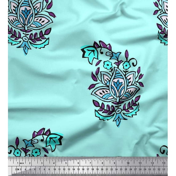 Soimoi Modal Satin Fabric Leaves & Floral Block Fabric Prints by Yard 42 Inch Wide