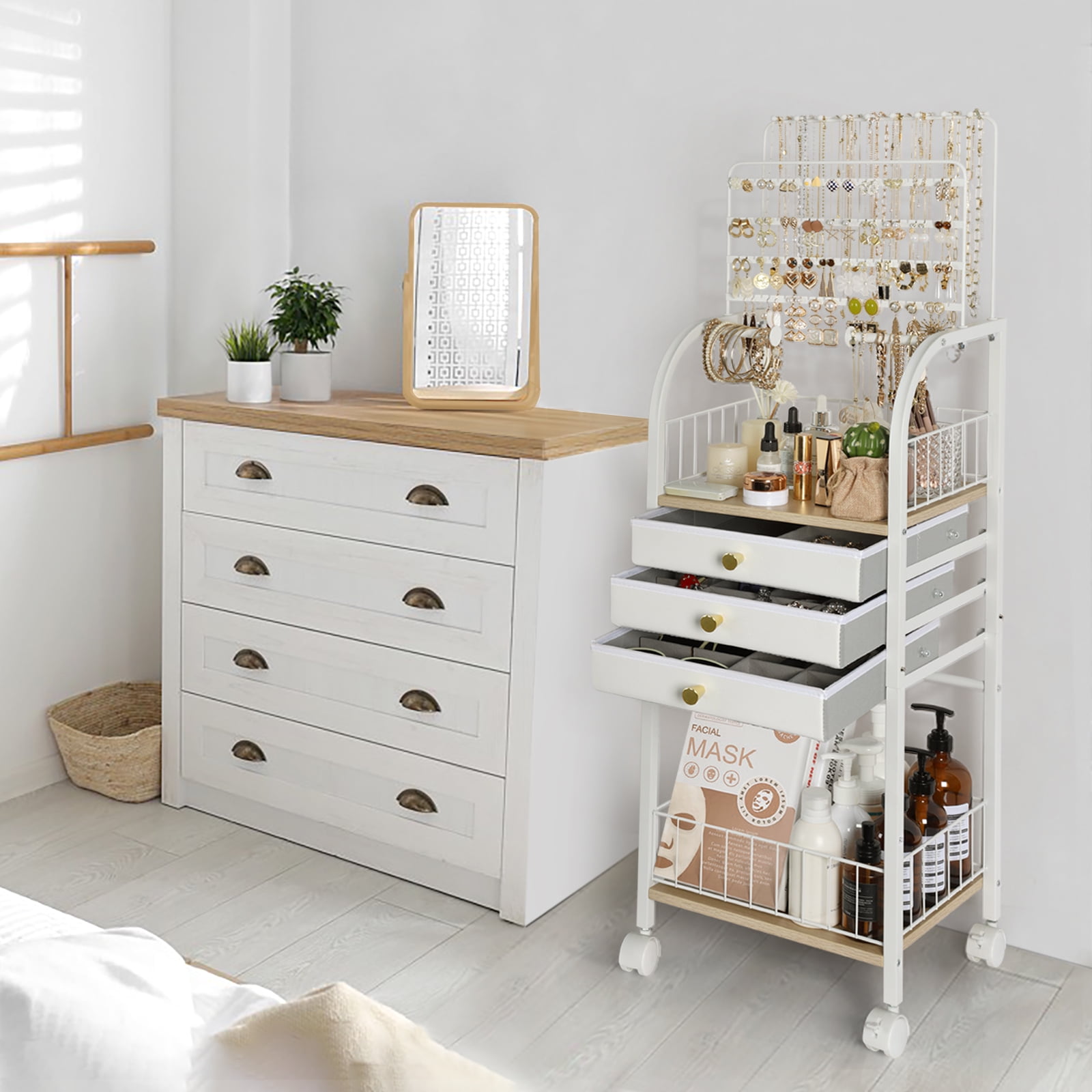 Olakee Large Jewelry Organizer Stand with 3 Drawers — for Necklace, Earring, Ring, Bracelet, Girls & Women, Modern, White