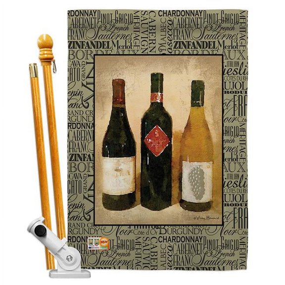 Breeze Decor BD-WI-HS-117043-IP-BO-D-US17-AM 28 x 40 in. 3 Wine Bottles Happy Hour & Drinks Impressions Decorative Vertical Double Sided House Flag Set with Pole Bracket Hardware