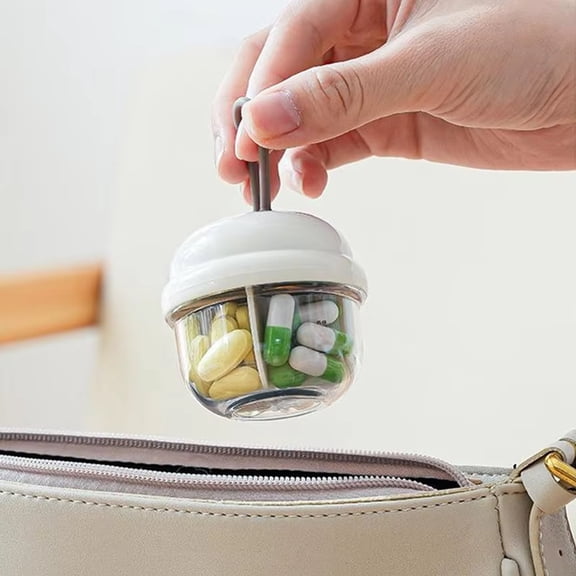 Portable Case with Lanyard Travel Organizer Mini Pill Box with Compartments for Medicine Vitamins Beige
