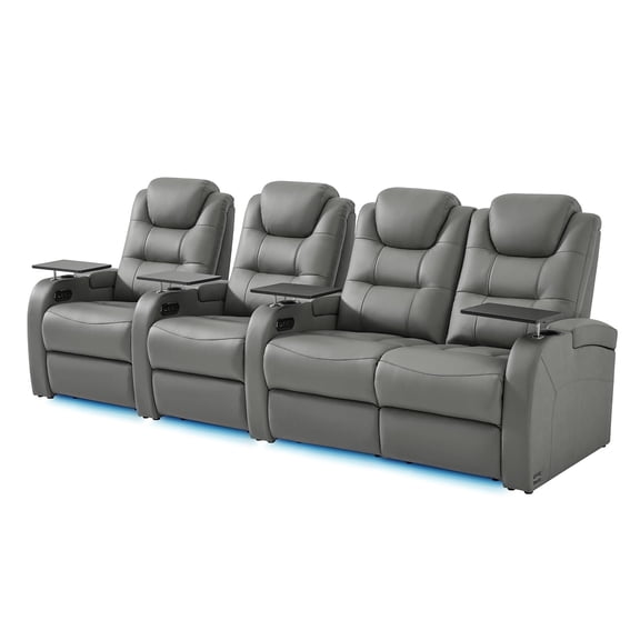 comfiroom Home Theater Seating Simple Style Top Grain Leather Loveseat Recliner Chair Dual Power Movie Theater Chairs Gaming Sofa Electric Headrest with Tray Table (Grey, Row of 4 Loveseat Right)