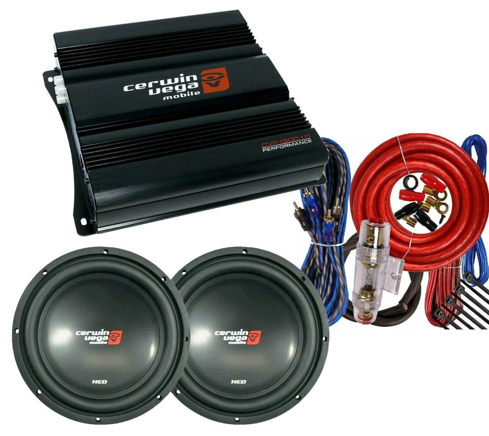 2x Cerwin-Vega XED10V2 10 inch Subwoofer + Cvp1600.1d Amplifier + 4 Gauge Amp Kit