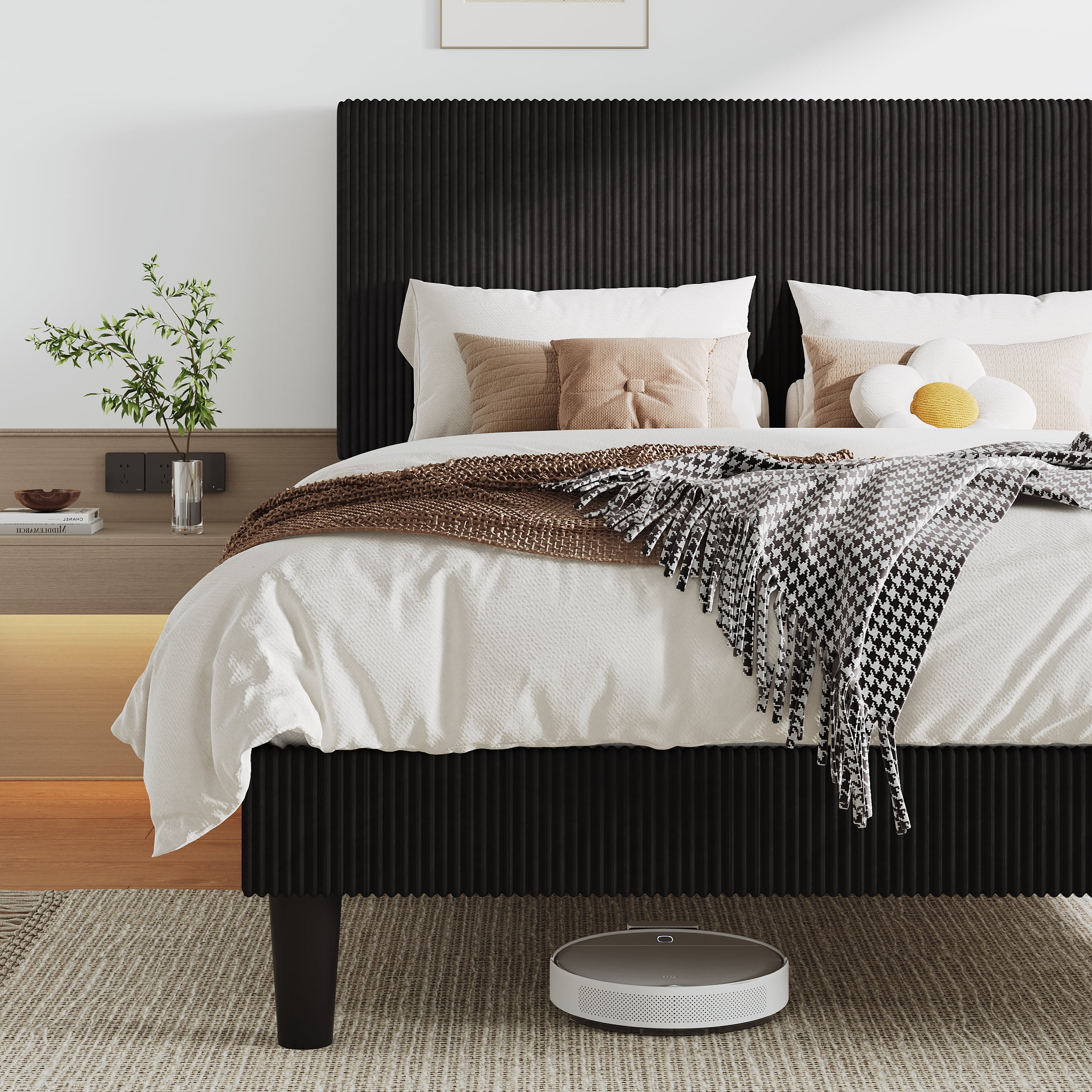 Allewie Queen Size Upholstered Bed Frame with Vertical Channel Tufted Headboard, Soft Corduroy Fabric Platform Bed, Black
