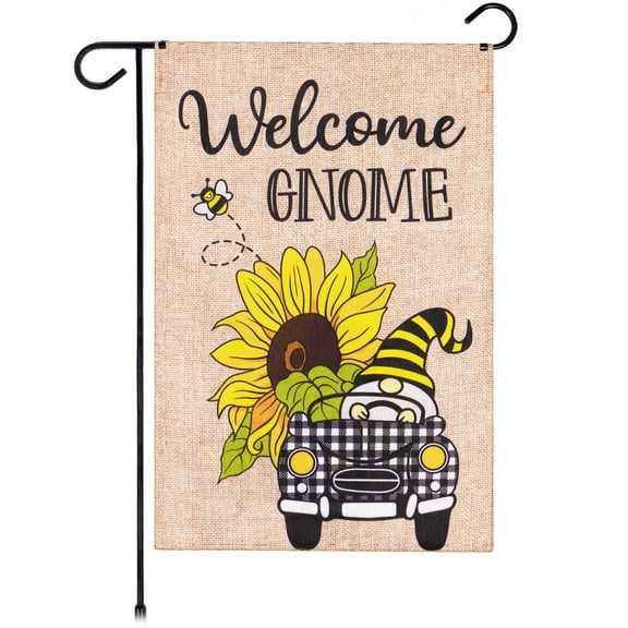 G128 Garden Flag Welcome Gnome Sunflower Car 12"x18" Burlap Polyester