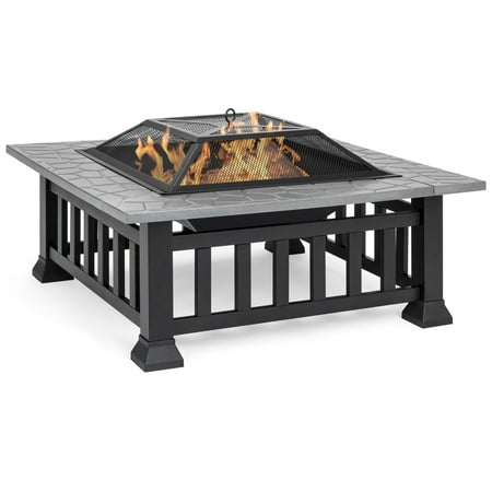 Best Choice Products 32-inch Outdoor Square Patio Metal Fire Pit Table BBQ Grill for Backyard, Camping, Picnic, Bonfire with Screen Cover, Weather Protector Cover, Poker, Stone Slate Finish,