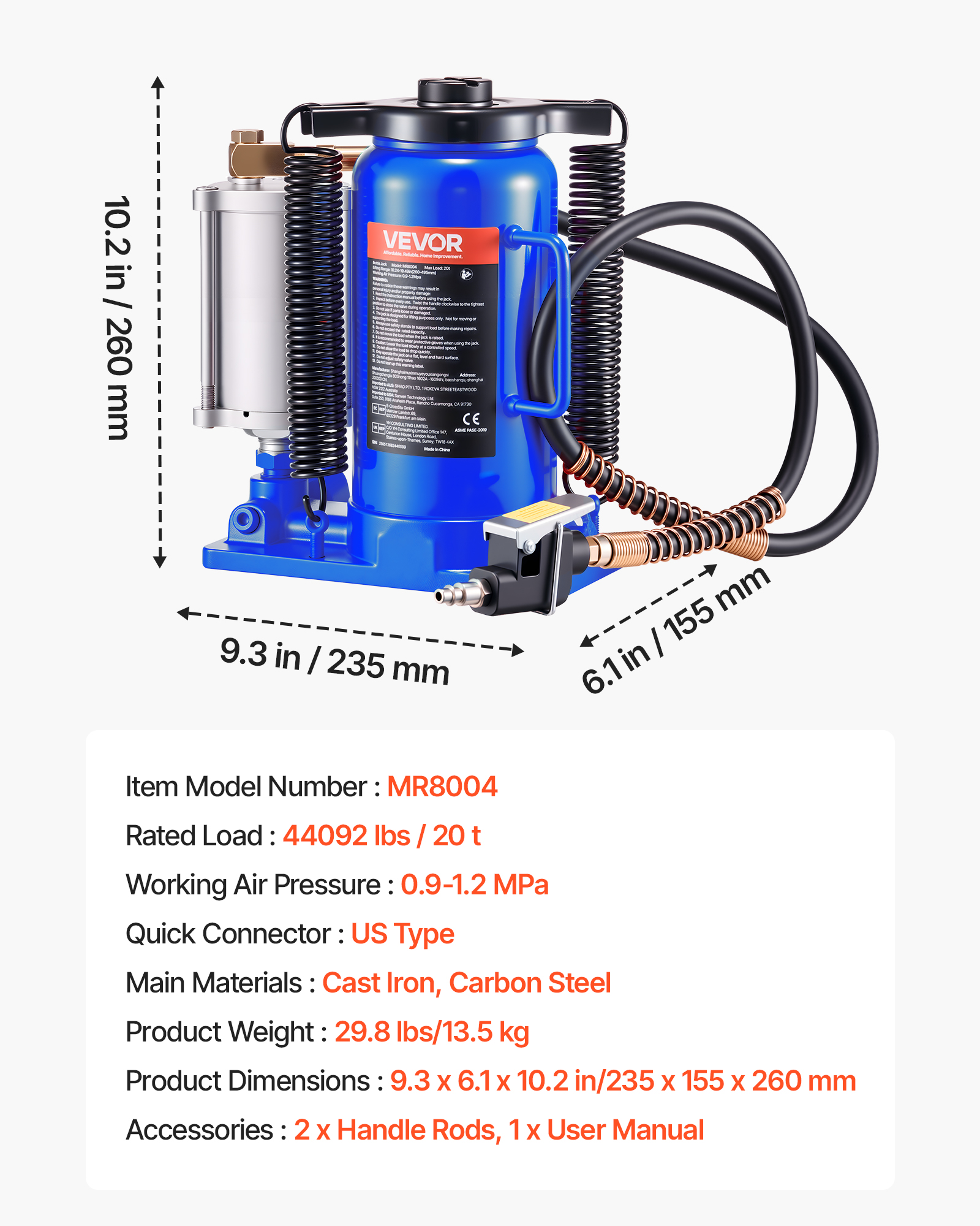 VEVOR Air Hydraulic Bottle Jack, 20 Ton (44092 lbs) Capacity, 10.2-19.5 Inch Lifting Range, Pneumatic/Manual Heavy Duty Welded Bottle Jack with Pump