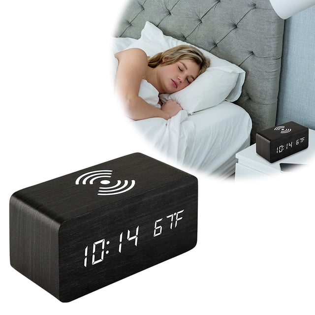 Digital Clock with Sound Control Function and Date Temperature Display for Wireless Charging in Bedroom and Home