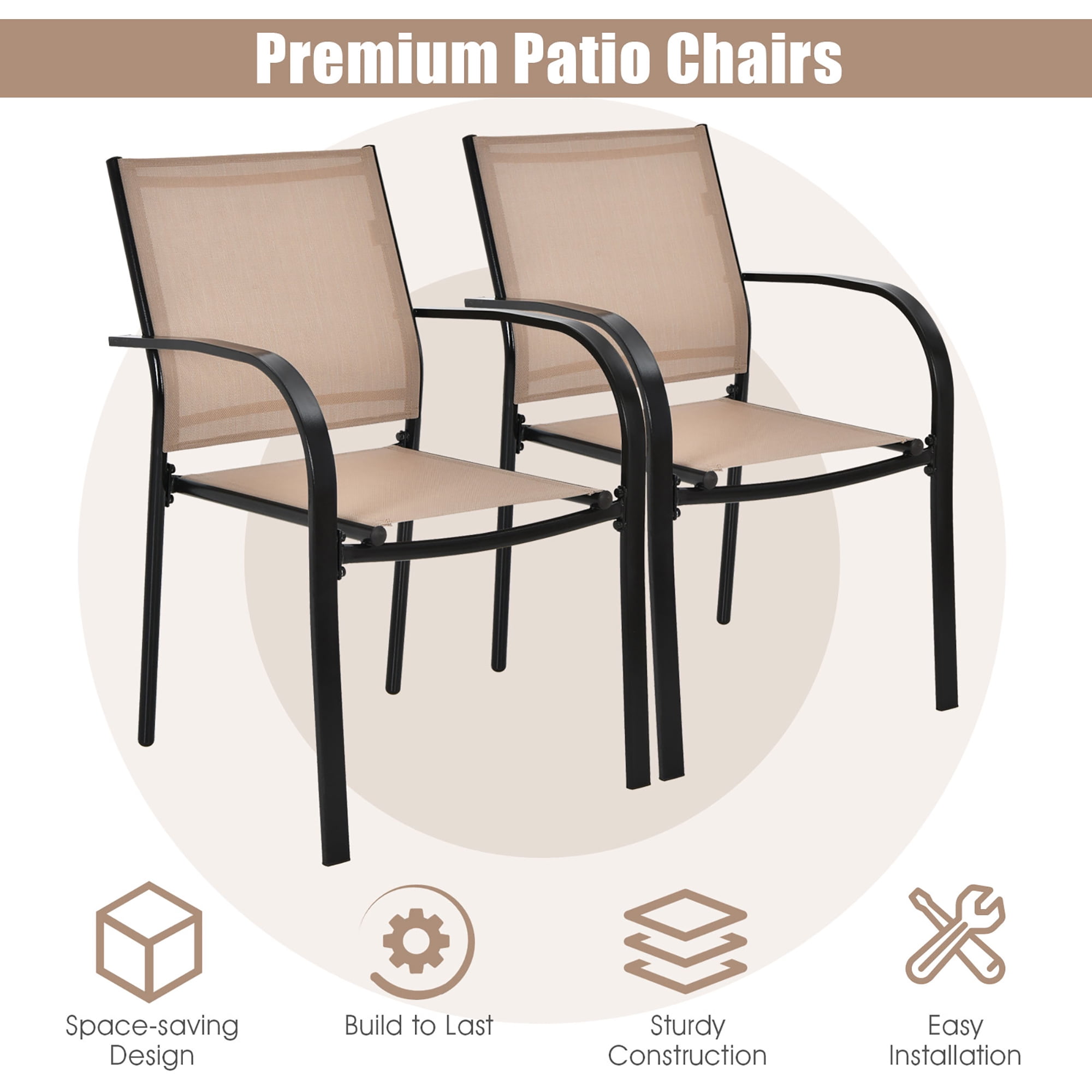 Costway Set of 2 Patio Dining Chairs Stackable with Armrests Garden Deck Brown