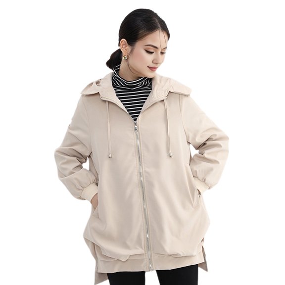 Fall Spring Women Jacket Short Front Long Back Split Hem Hooded Drawstring Zipper Closure Cardigan Windproof Outdoor Overcoat Travel Camping Coat