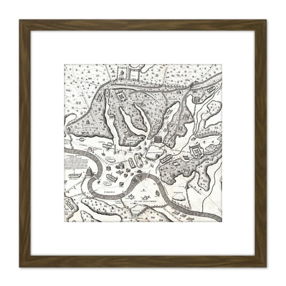 Map Du Perac 1573 Ancient Rome Hills City Plan Chart 8X8 Inch Square Wooden Framed Wall Art Print Picture with Mount