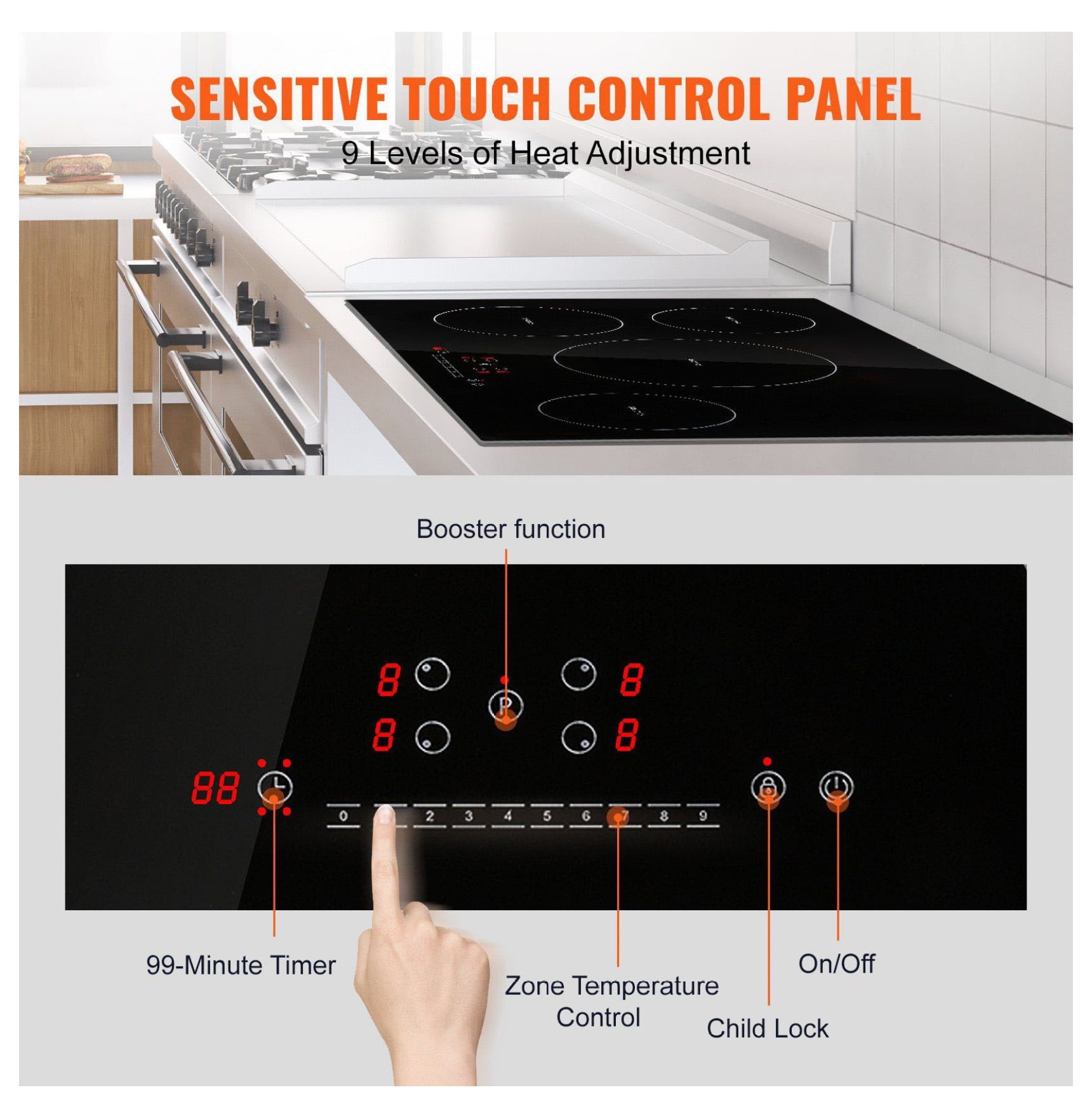 Electric Cooktop 30 Inch, 4 Burners Induction Stove Top 7500W, Built-in Magnetic Cooker, 9 Heat Levels, LED Touch Control, Child Lock & Overheat Protection
