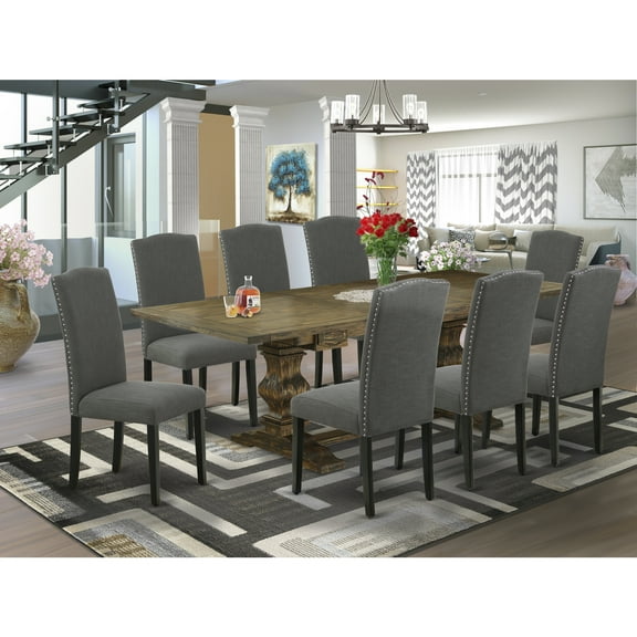 9-Piece Dining Table Set with Chairs - Linen Fabric Dining Room Set - Dark GrayBlack Finish - Pedestal Table - Seats 8