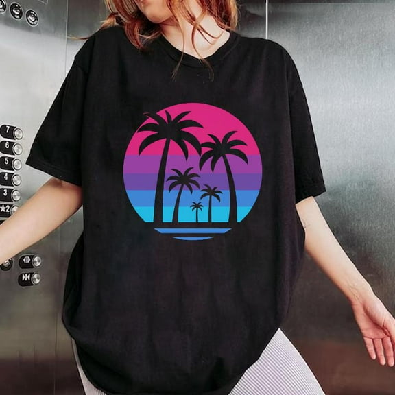 Retro Palm Tree Graphic Tee Sunset Design T-Shirt Soft Comfort Fit Casual Top Beach Vacation Style Black S-5XL
