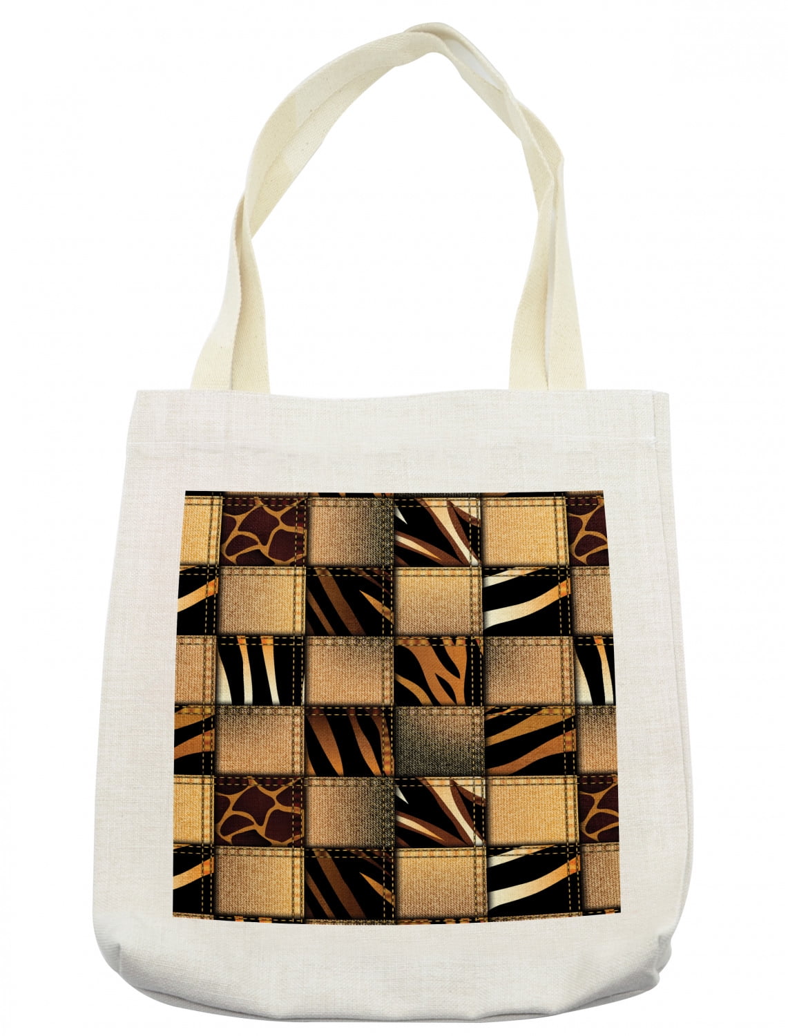 Safari Tote Bag, Jeans Denim Patchwork in Safari Style Wilderness Design Art Print, Cloth Linen Reusable Bag for Shopping Books Beach and More, 16.5