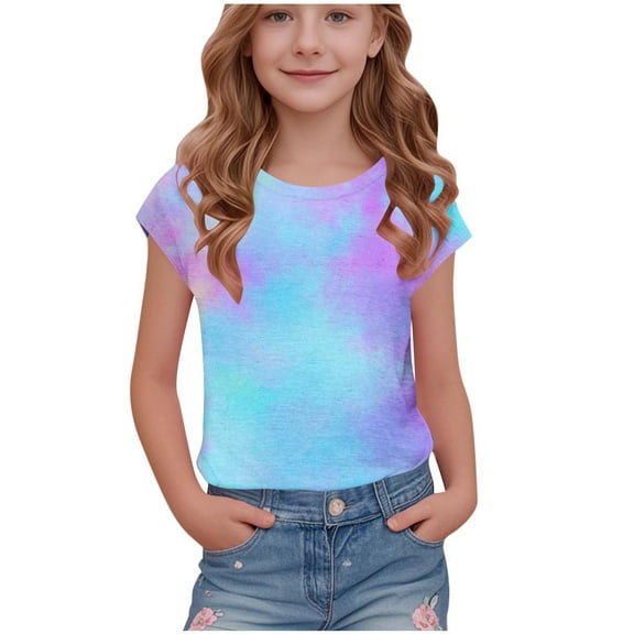 YABCSAZ Girls Summer Outfits Color Block Short Sleeve Tops Loose Fit Active Tee Shirts Kids Casual T-Shirts Blouses Tie Dye Shirts Tops Baby Clothes Size 5 T