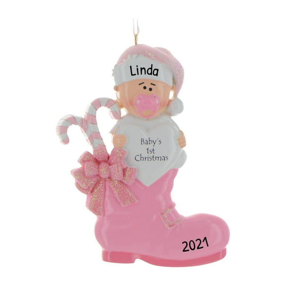 Personalized Baby's First Christmas Ornament 2024 - Baby Shower Decor Pink Boot Christmas Ornament