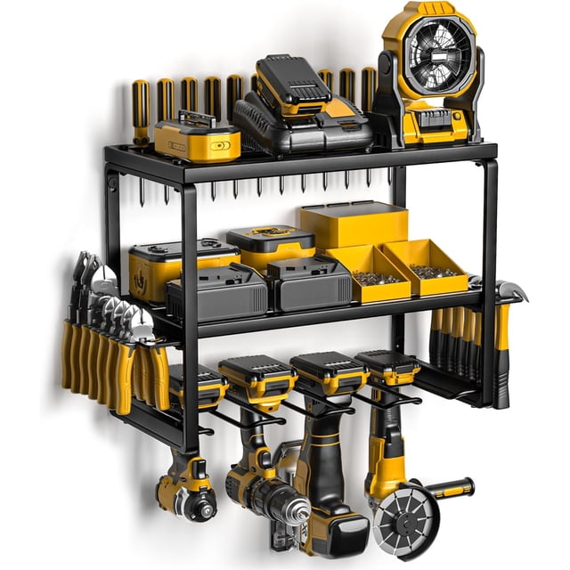 Power Tool Organizer for Tool Storage Drill Holder Wall Mount with Charging Station Tool Holder and Storage Rack for Garage Organization Heavy Duty Metal Tool Shelf with Battery Holder