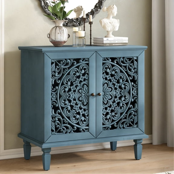 MDQMD 31.5"Blue Buffet Cabinet with Storage,2 Door Storage Cabinets with Symmetrical Floral Design,Modern Sideboard Buffet Cabinets with Vintage Handle,Wood Cabinet with Doors for Living Room