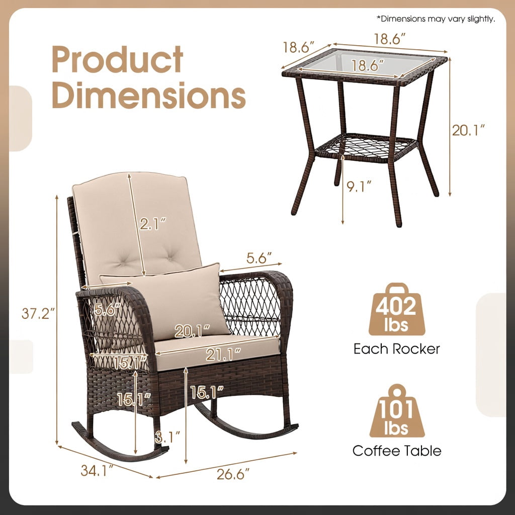 Hommoo 3-Piece Outdoor Rocking Bistro Set with 2-Tier Tempered Glass Coffee Table, PE Rattan, Brown