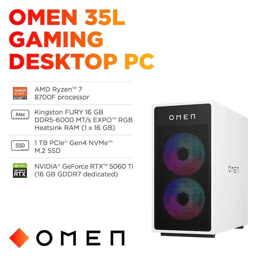 HP OMEN - 35L Gaming Desktop - AMD Ryzen 7 8700F 2024 - 16GB DDR5 Memory - NVIDIA GeForce RTX 5060 Ti 16GB GDDR7 - 1TB SSD - Panda Metal