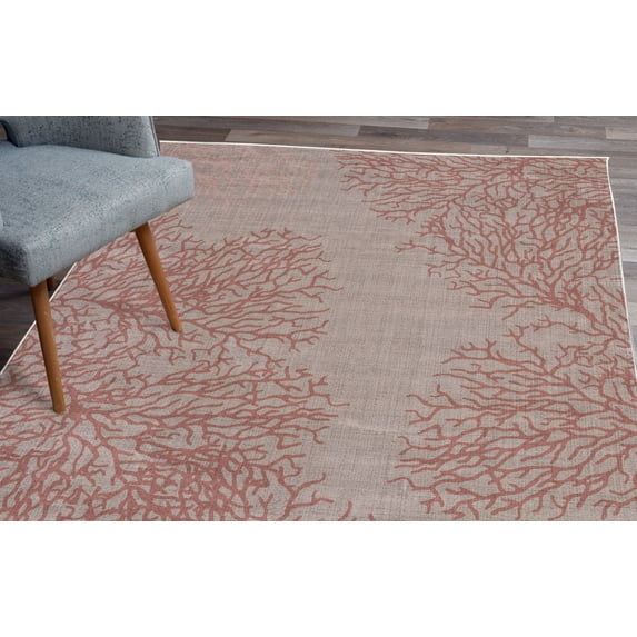 Coral Turkish Area Rug, Marine Art Print of Leafless Branch Look Reef Pattern Nautical Ocean Motif, Soft Carpet for Living Room Decor with Distressed Look, 2.6' x 5', Pale Ruby Eggshell, by Ambesonne
