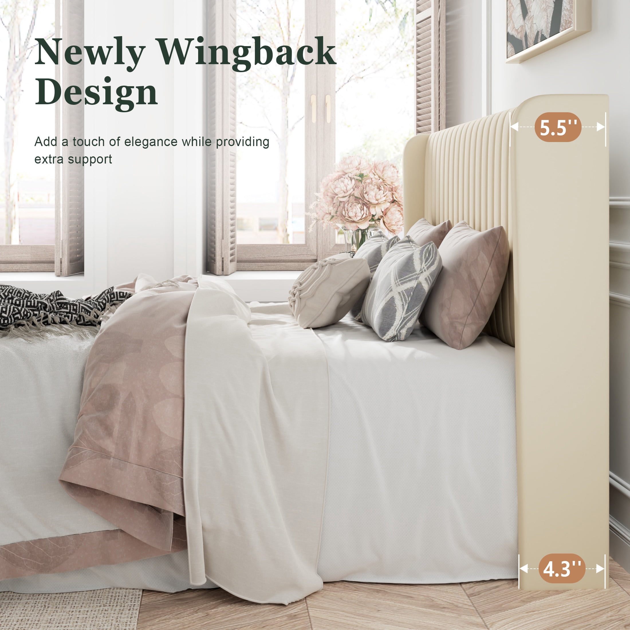 Amolife Queen Size Velvet Upholstered Bed with Wingback Headboard, Cream