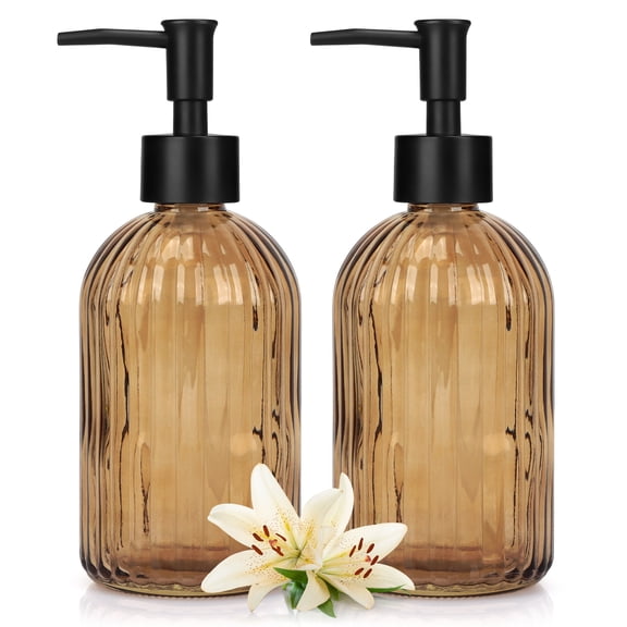2-Pack 400ML Vertical Striped Glass Soap Dispenser - Amber Brown with Black Pump, Refillable Hand Soap Holder for Bathroom Kitchen Sink