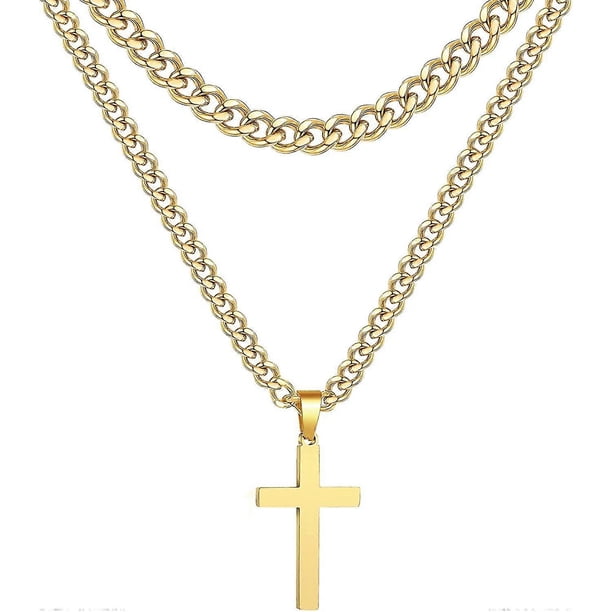 Cross Necklace For Men Boys Women, Stainless Steel Cross Pendant Layered Cuban Link Chain 16-24 Inches, Religious Jewelry Gifts