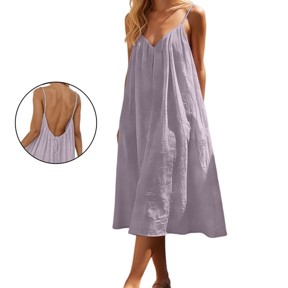 Summer Dress for Women Backless Cami Dress Sleeveless V Neck Casual Dress House Dress with Back Tie