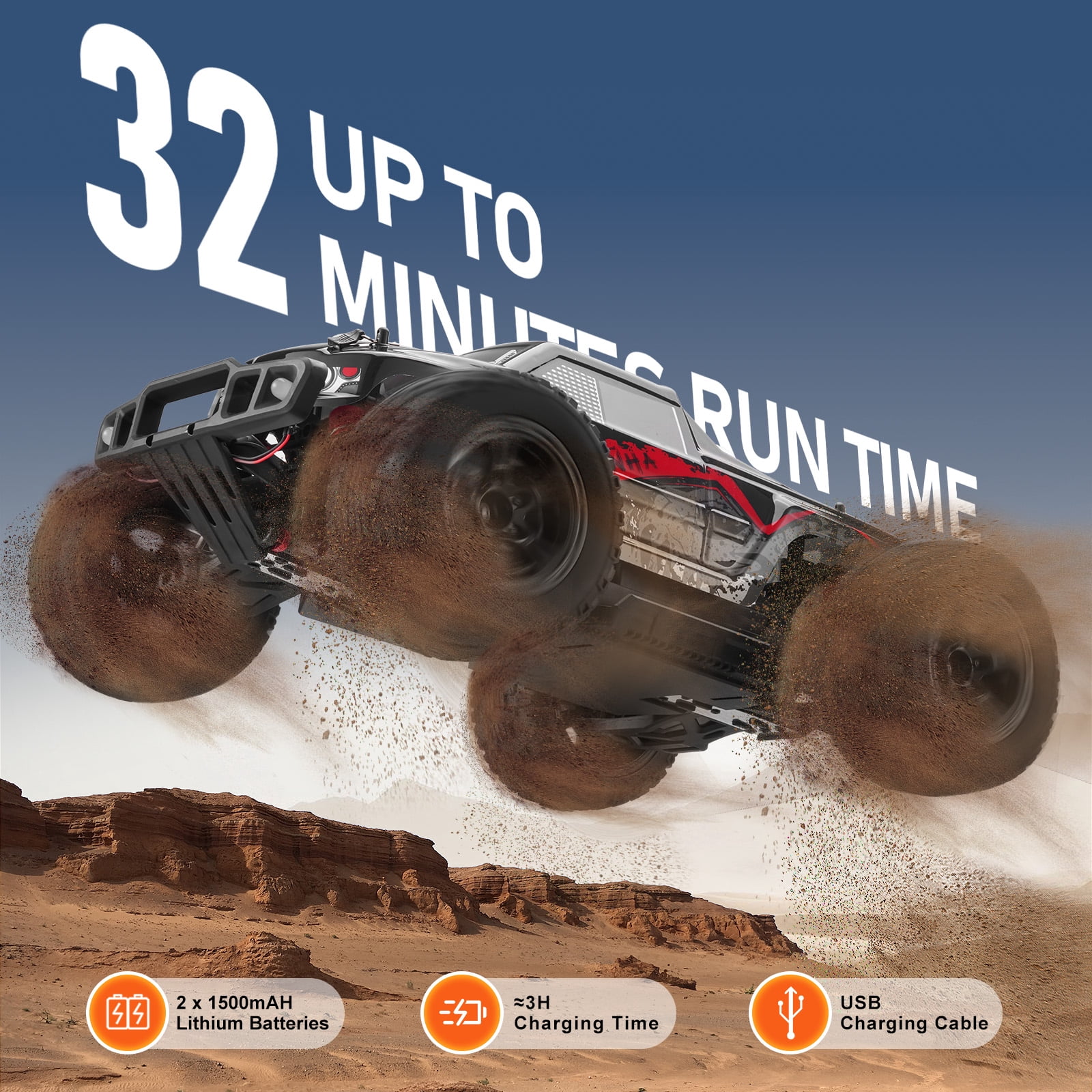 KFFKFF Wireless Operated Vehicle, RC Car in 1:10 Scale for Children, 4WD Monster Truck Capable of 45° Wheelie, Equipped with 2 Batteries, Capable of 38 km/h Speed - Perfect Present