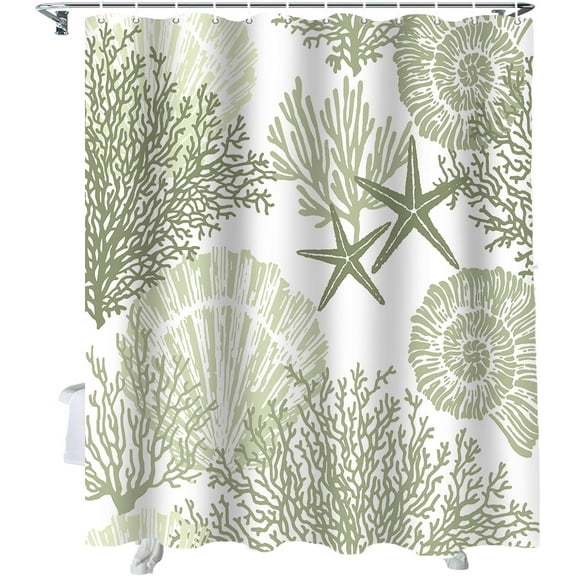 Shower Curtain Sage Green Coral Shower Curtains for Bathroom Decor Seashell Starfish Marine Life Shower Curtain Sets with Hooks Waterproof Fabric Bath Curtain Extra Long 72" X 84"