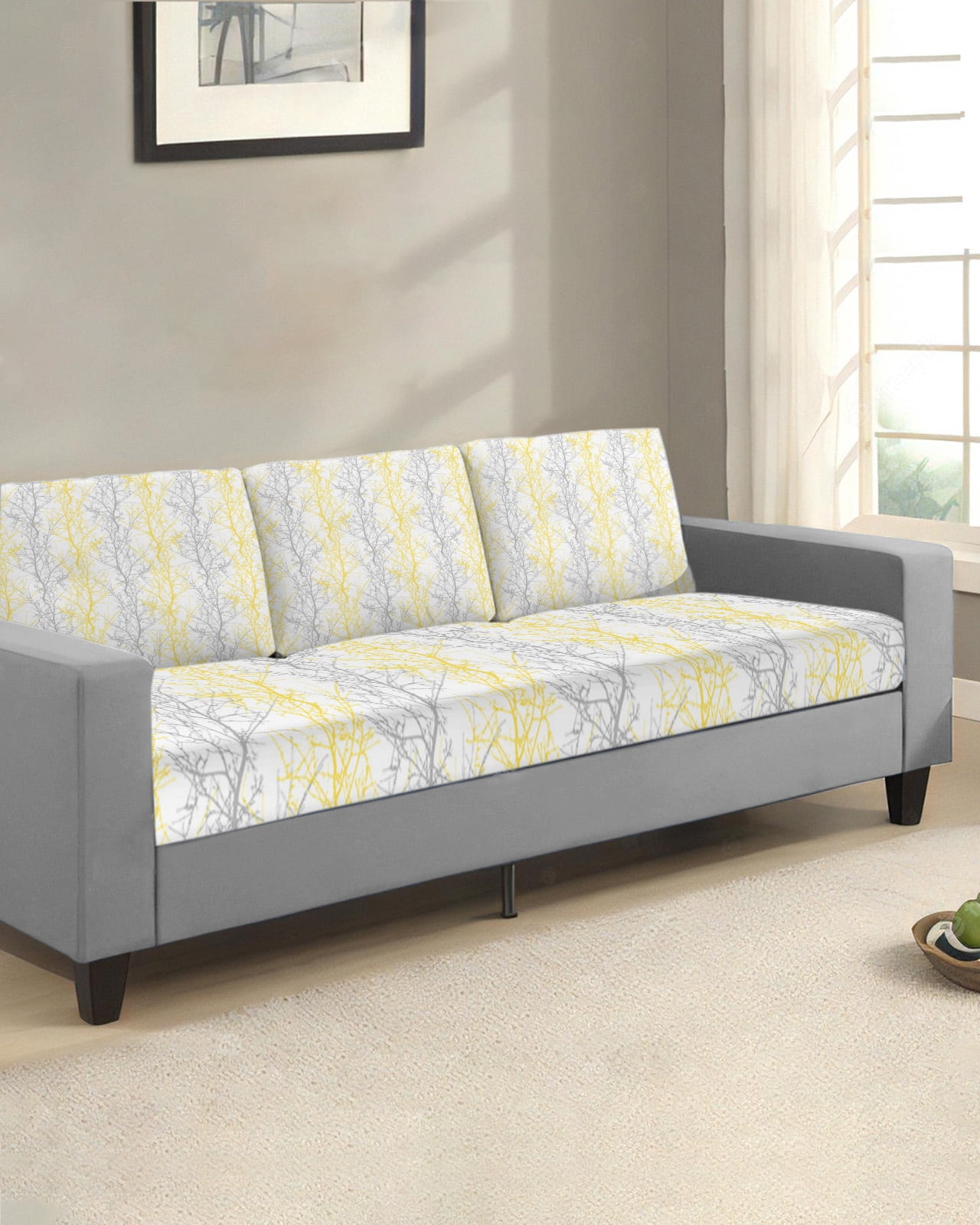 Yellow Gray Couch Cushion Covers, Stretch Seat Cushion Covers for Sectional Sofa, Pastoral Botanical Branch Aesthetics T-shaped Sofa&nbsp;Slipcovers Furniture Protector with Elastic&Straps Small 2Pcs