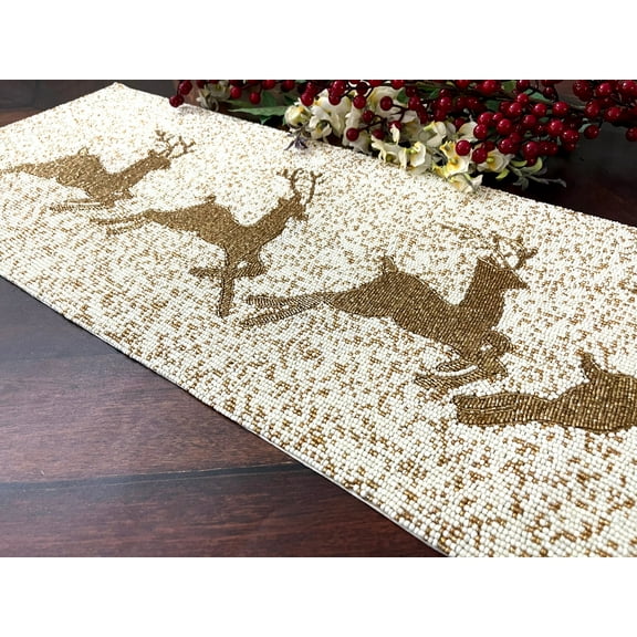 Christmas Special beaded runner and placemat, 13x48 inch, gold reindeer, gift for her