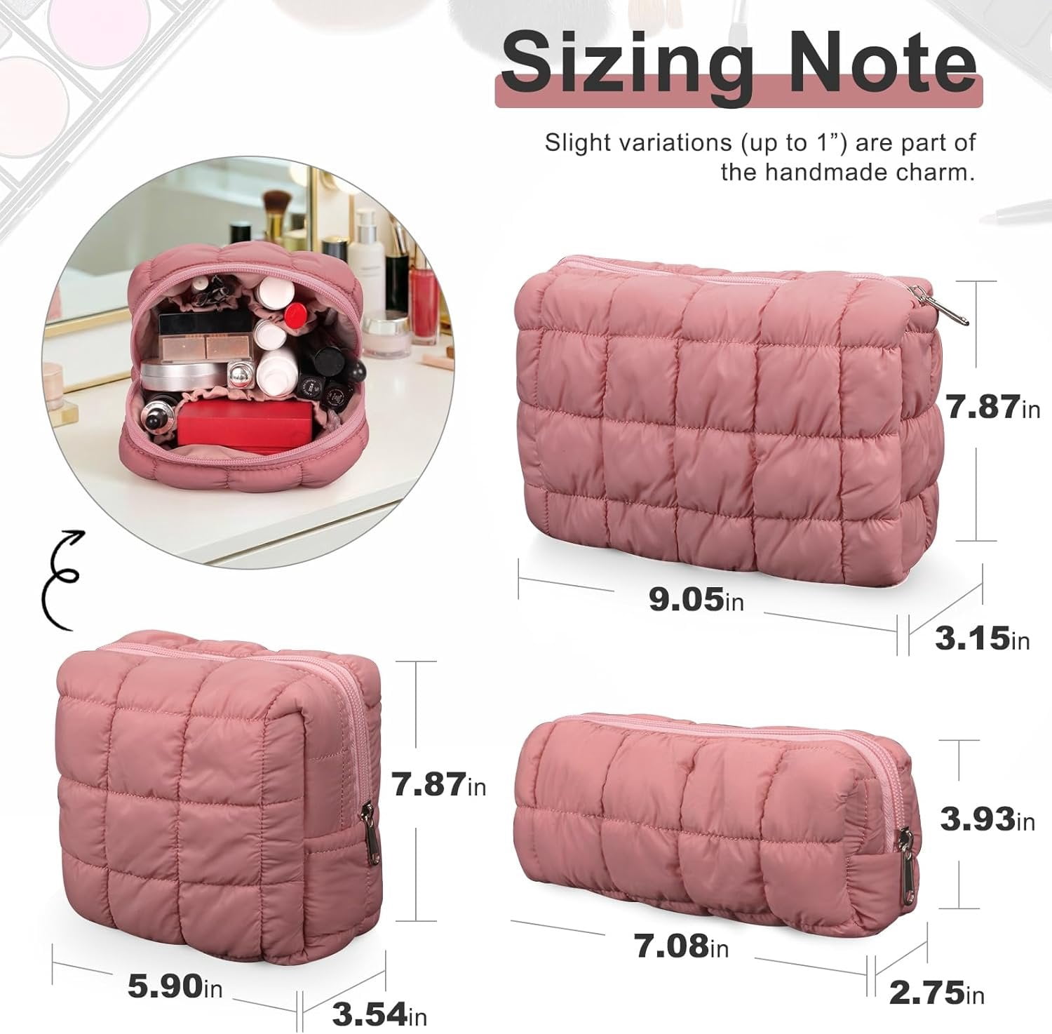 3 count Makeup Bag Set Quilted Travel Toiletry Organizer Large Capacity  Pouch Soft Storage Case for Women Girls Travel Essentials Gifts